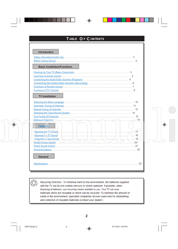 Philips 15PT1727 (24 pages) TV Operating Manual
