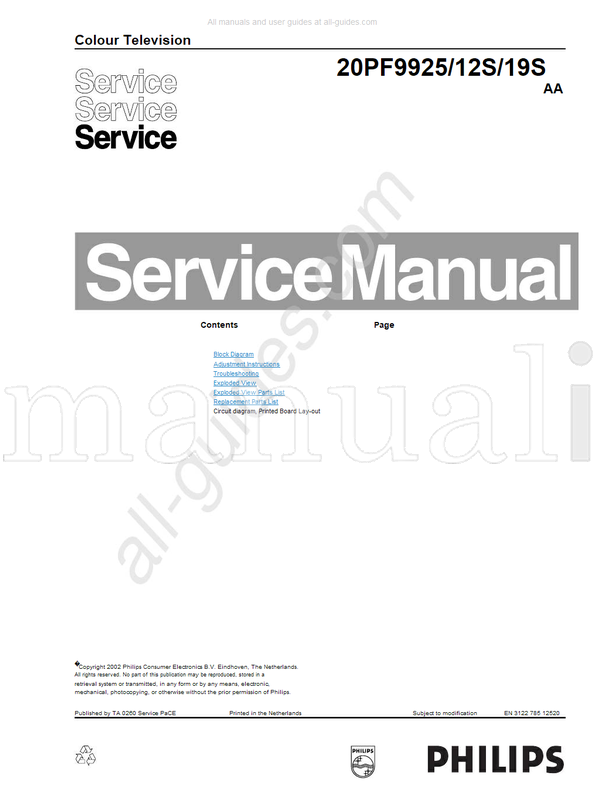 Philips 20PF9925 12520 (22 pages) TV Service Manual