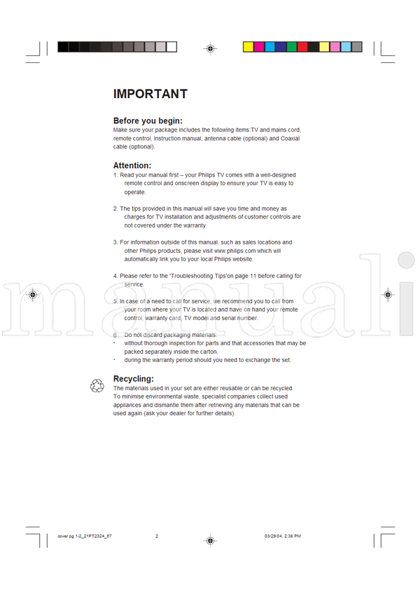 Philips 21PT2324 1-221PT232467 (16 pages) TV Operating Manual