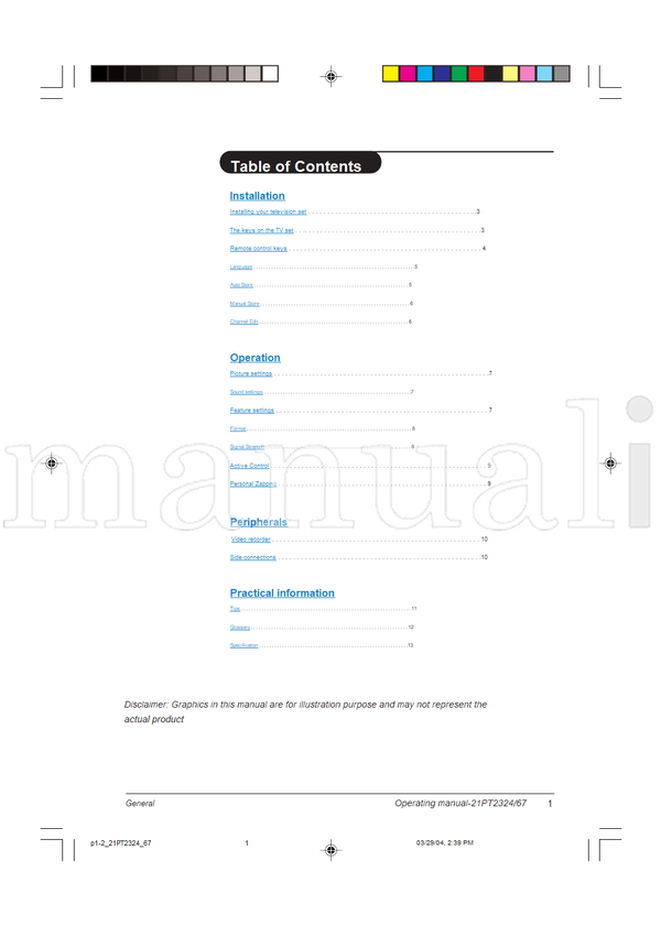Philips 21PT2324 1-221PT232467 (16 pages) TV Operating Manual