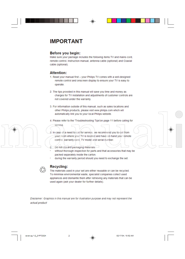 Philips 21PT2324 1-221PT2324 (16 pages) TV Operating Manual