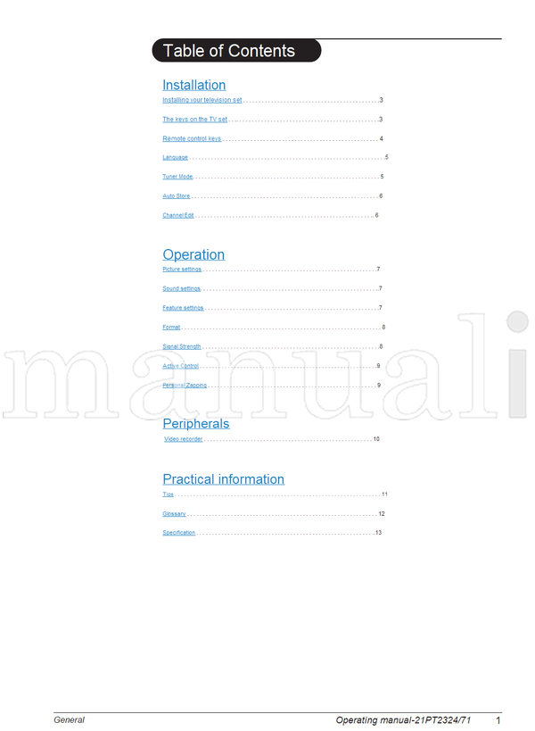 Philips 21PT2324 (16 pages) TV Operating Manual