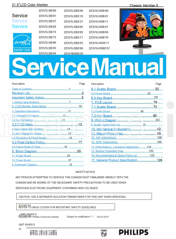 Philips 223V5LSB 223V5LSB2 223V5LHSB 223V5LHSW 223V5LHSB2 223V5BSB2 (143 pages) TV Service Manual