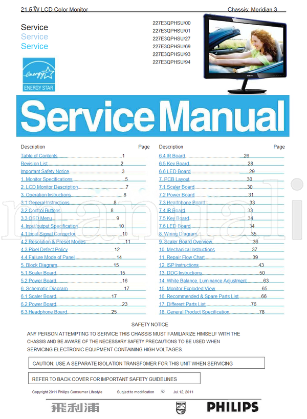 Philips 227E3QPHSU (95 pages) TV Service Manual