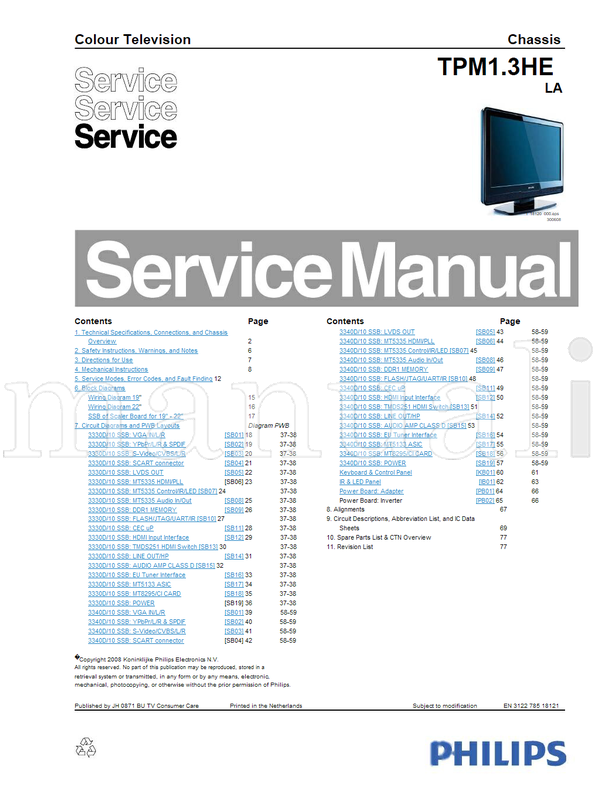 Philips 3330D MT5335 TMDS251 MT5133 MT8295 3340D 300608 18121 (78 pages) TV Service Manual