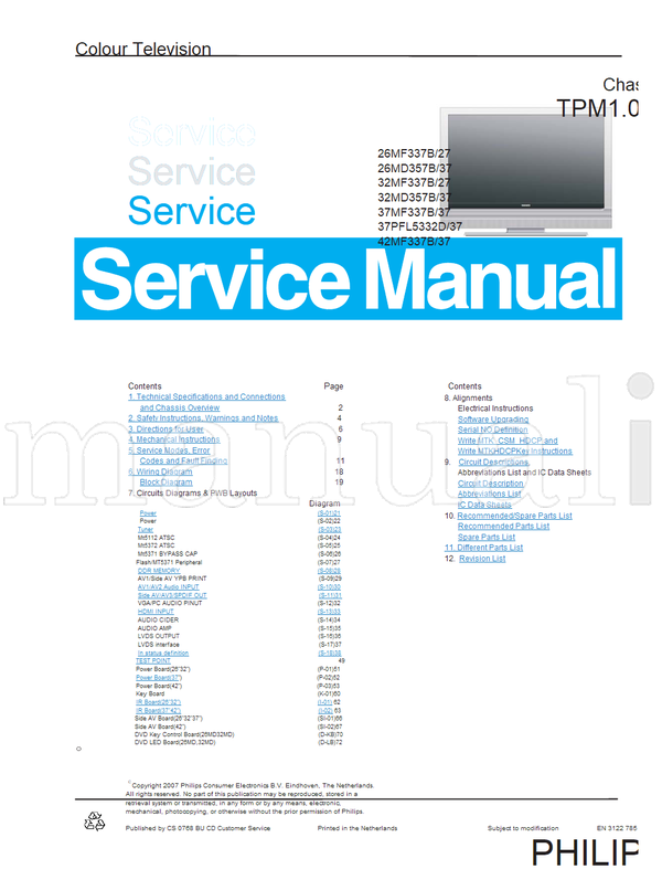 Philips Mt5112 Mt5372 Mt5371 26MF337B 26MD357B 32MF337B 32MD357B (172 pages) TV Service Manual