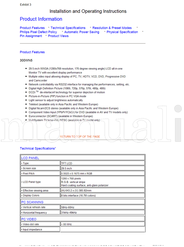 Philips 300WN5 RS232 58Hz-60Hz (17 pages) TV Operating Manual