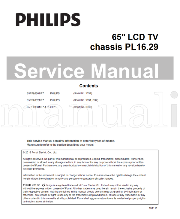 Philips 65PFL6601 65PFL6621 161111 (63 pages) TV Service Manual