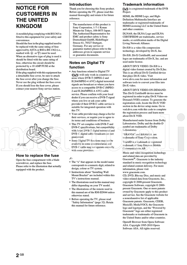 Sony KDL-55EX72x 46HX72x 46EX72x 46EX52x 46CX52x 40HX72x 40EX72x (36 pages) TV Operating Manual