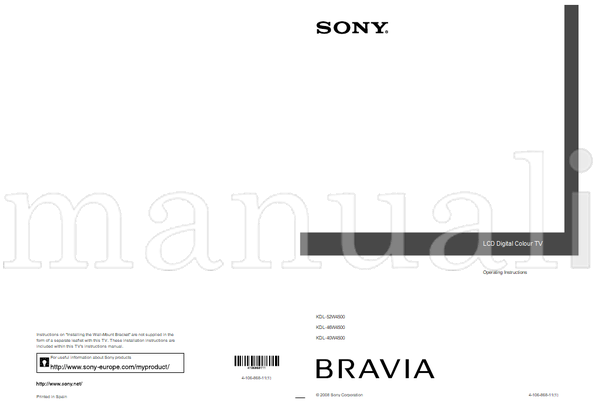 Sony KDL-52W4500 KDL-46W4500 KDL-40W4500 (55 pages) TV Operating Manual