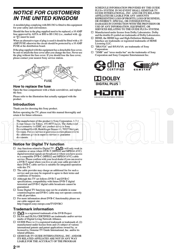 Sony KDL-52W4500 KDL-46W4500 KDL-40W4500 (55 pages) TV Operating Manual