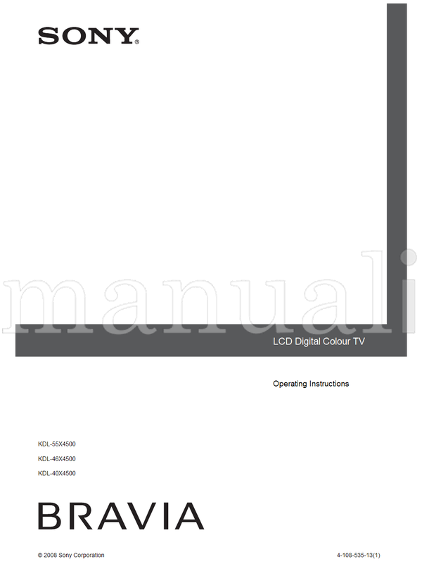 Sony KDL-55X4500 KDL-46X4500 KDL-40X4500 (60 pages) TV Operating Manual