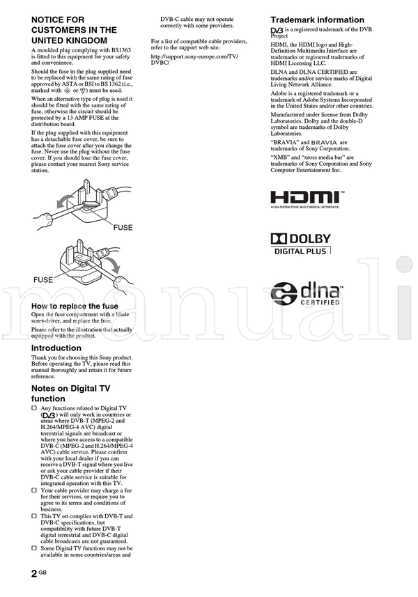 Sony KDL-55X4500 KDL-46X4500 KDL-40X4500 (60 pages) TV Operating Manual