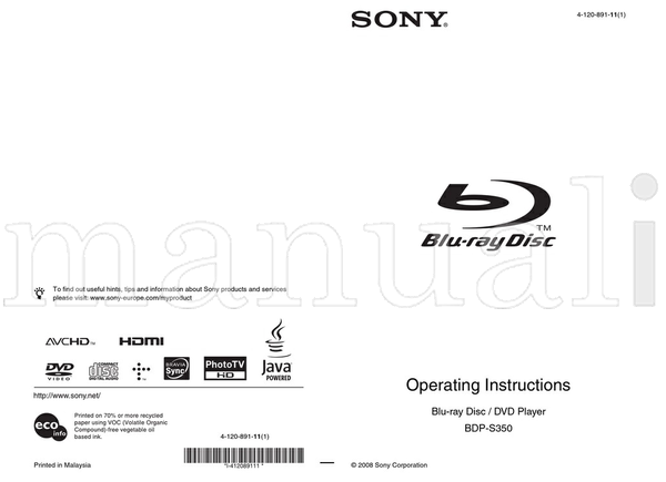 Sony BDP-S350 71 pages Blu-Ray DVD Player Operating Manual