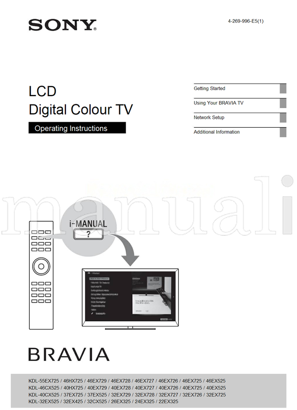 Sony KDL-55EX725 46HX725 46EX729 46EX728 46EX727 46EX726 46EX725 (36 pages) TV Operating Manual