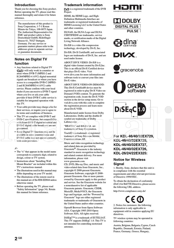 Sony KDL-55EX725 46HX725 46EX729 46EX728 46EX727 46EX726 46EX725 (36 pages) TV Operating Manual