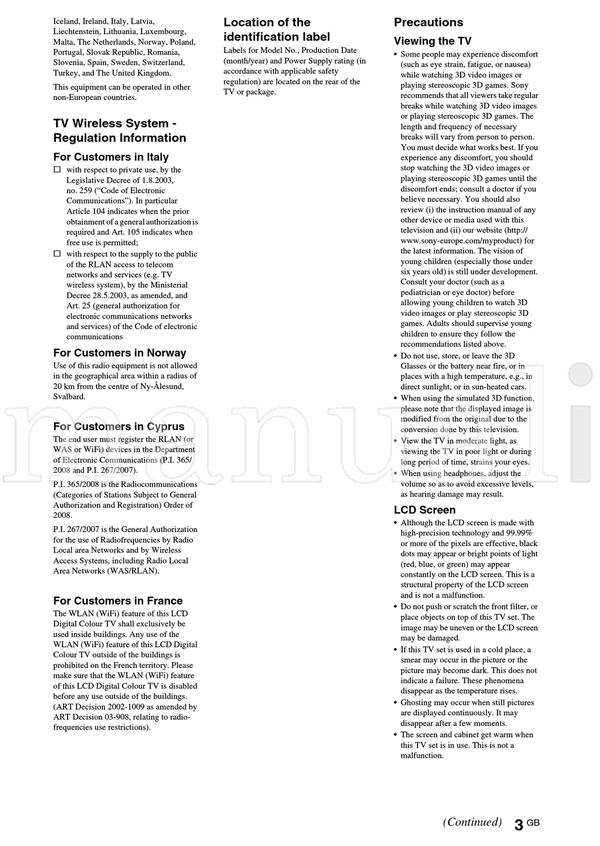 Sony KDL-55EX725 46HX725 46EX729 46EX728 46EX727 46EX726 46EX725 (36 pages) TV Operating Manual