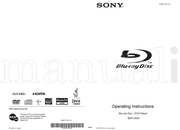 Sony BDP-S550 83 pages Blu-Ray DVD Player Operating Manual