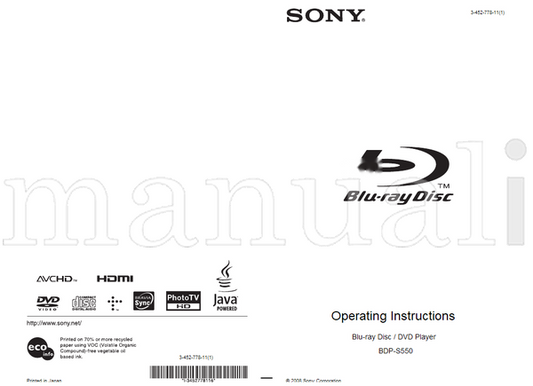 Sony BDP-S550 83 pages Blu-Ray DVD Player Operating Manual