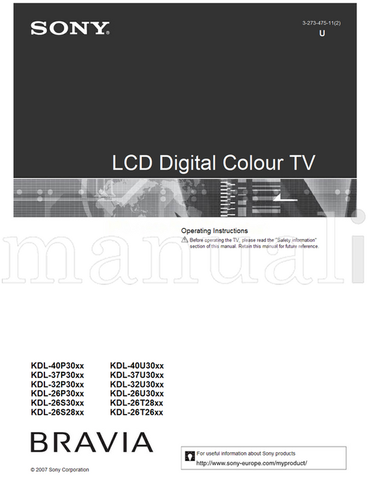 Sony KDL-40P30xx KDL-37P30xx KDL-32P30xx KDL-26P30xx KDL-26S30xx (35 pages) TV Operating Manual