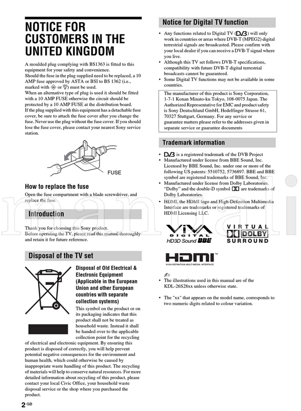 Sony KDL-40P30xx KDL-37P30xx KDL-32P30xx KDL-26P30xx KDL-26S30xx (35 pages) TV Operating Manual