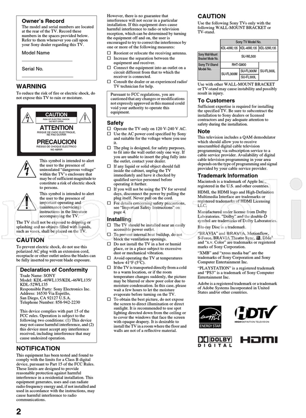 Sony KDL-40WL135 KDL-46WL135 KDL-52WL135 (52 pages) TV Operating Manual