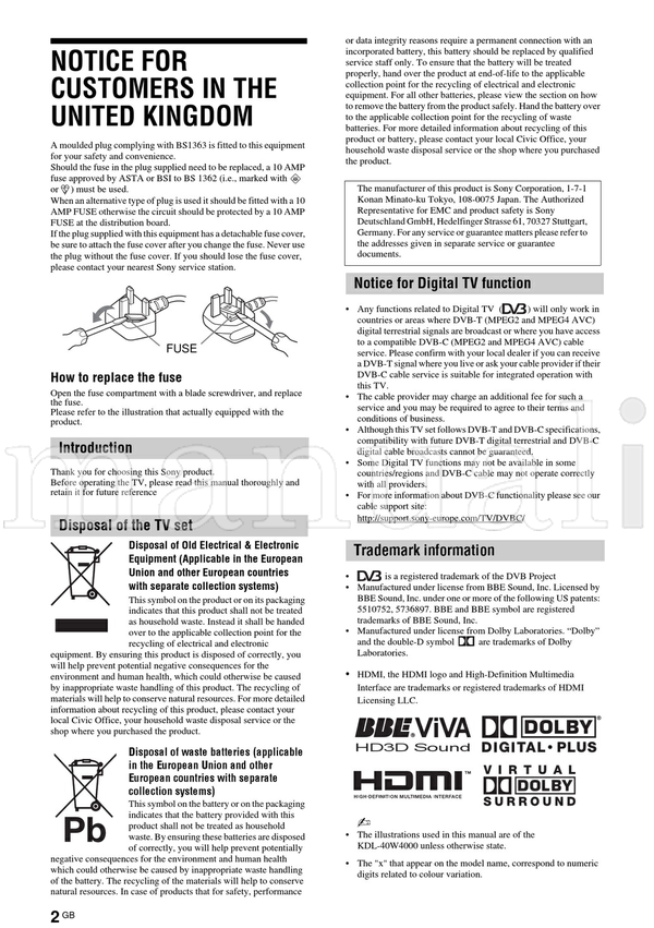 Sony KDL-52W40xx KDL-52W42xx KDL-46W40xx KDL-46W42xx KDL-40W40xx (36 pages) TV Operating Manual
