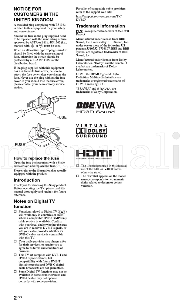 Sony KDL-52V4000 52V42xx KDL-46V4000 46V42xx KDL-40V4000 40V42xx (40 pages) TV Operating Manual