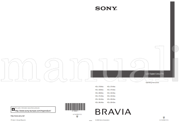 Sony KDL-37S40xx KDL-32S40xx KDL-26S40xx KDL-37U40xx KDL-32U40xx (31 pages) TV Operating Manual