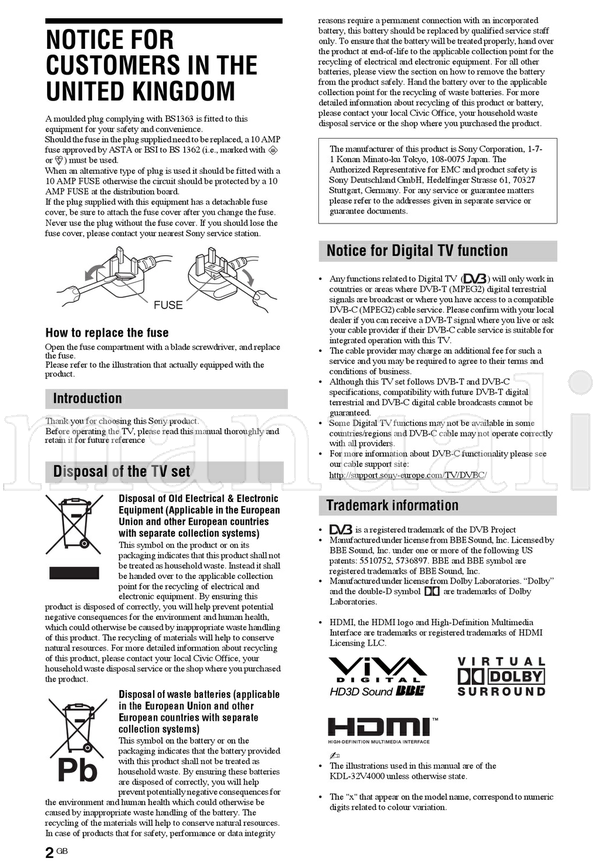 Sony KDL-37S40xx KDL-32S40xx KDL-26S40xx KDL-37U40xx KDL-32U40xx (31 pages) TV Operating Manual
