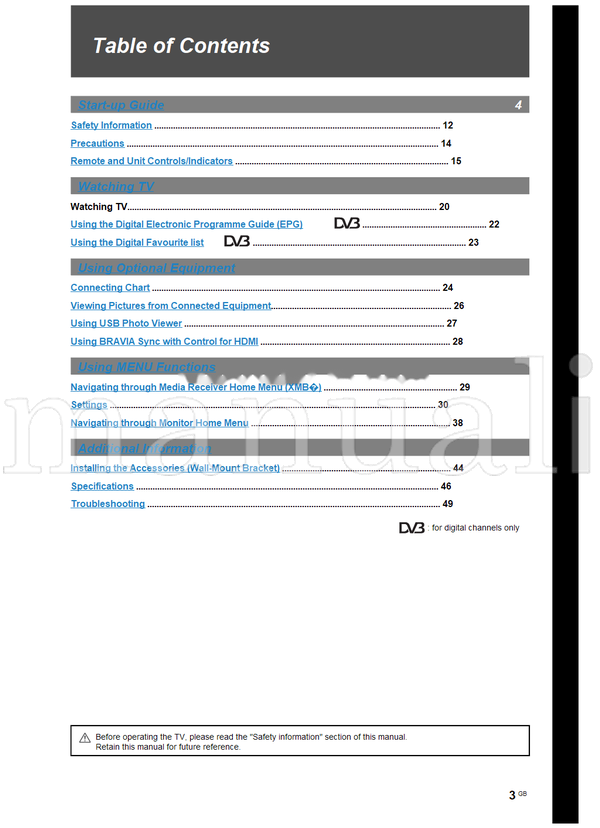Sony KDL-52EX1 KDL-46EX1 KDL-40EX1 (52 pages) TV Operating Manual