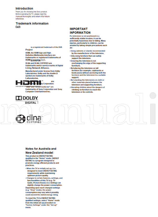 Sony KDL-52V5500 KDL-46V5500 KDL-40V5500 KDL-32V5500 (52 pages) TV Operating Manual