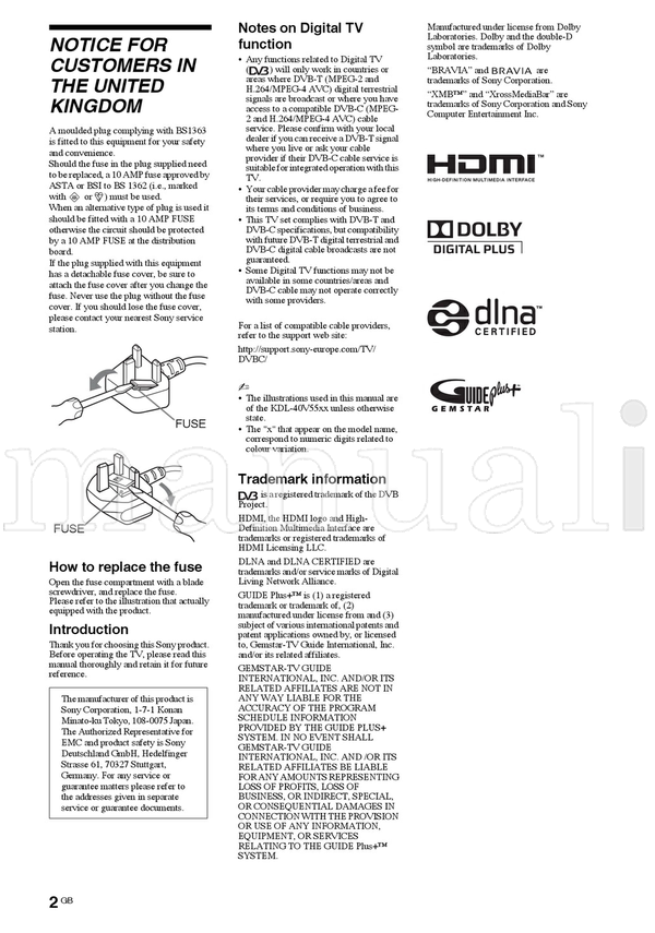 Sony KDL-40E55xx KDL-32E55xx KDL-52V55 KDL-46V55 KDL-40V55 (57 pages) TV Operating Manual