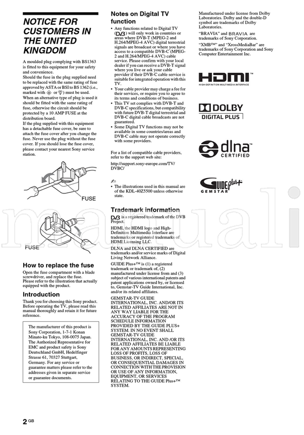 Sony KDL-52Z5500 KDL-46Z5500 KDL-40Z5500 40Z5710 (28 pages) TV Operating Manual