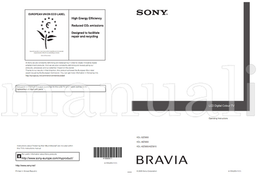 Sony KDL-52Z5800 KDL-46Z5800 KDL-40Z5800 40Z5810 (27 pages) TV Operating Manual