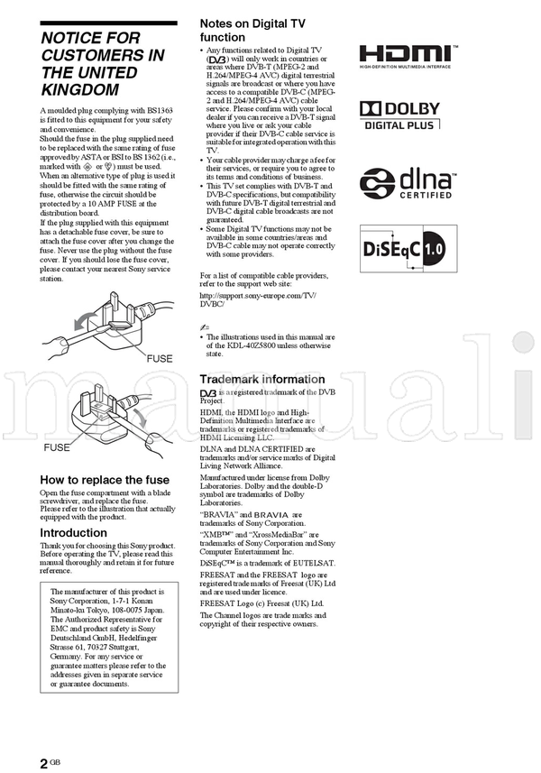 Sony KDL-52Z5800 KDL-46Z5800 KDL-40Z5800 40Z5810 (27 pages) TV Operating Manual