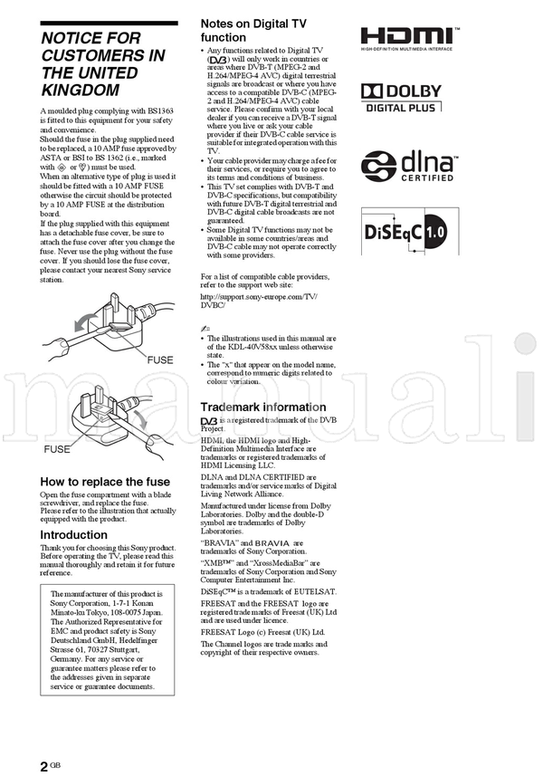 Sony KDL-52V58xx KDL-46V58xx KDL-40V58xx KDL-37V58xx KDL-32V58xx (28 pages) TV Operating Manual