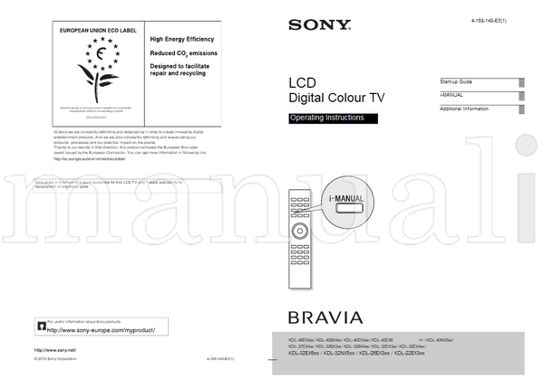 Sony KDL-46EX4xx KDL-40BX4xx KDL-40EX4xx KDL-40EX6 KDL-37EX4xx (39 pages) TV Operating Manual