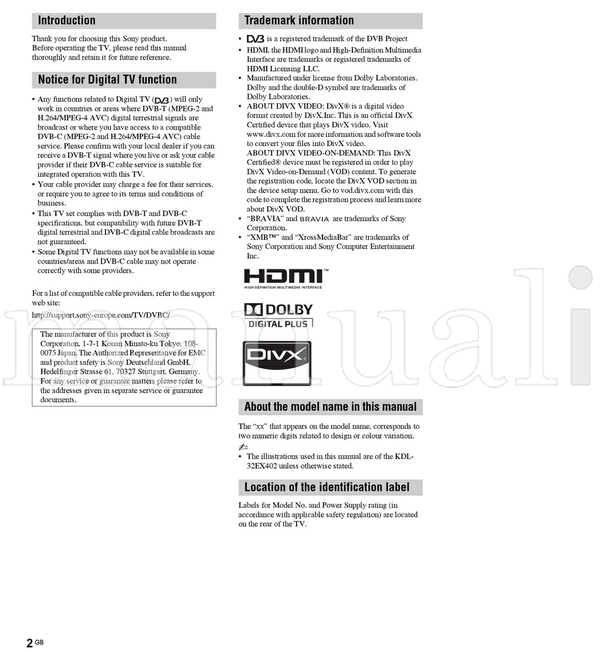 Sony KDL-46EX4xx KDL-40BX4xx KDL-40EX4xx KDL-40EX6 KDL-37EX4xx (39 pages) TV Operating Manual