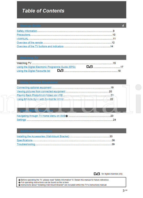 Sony KDL-46EX4xx KDL-40BX4xx KDL-40EX4xx KDL-40EX6 KDL-37EX4xx (39 pages) TV Operating Manual