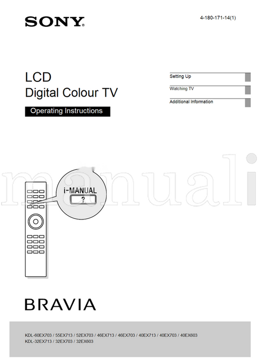 Sony KDL-60EX703 55EX713 52EX703 46EX713 46EX703 40EX713 40EX703 (20 pages) TV Operating Manual