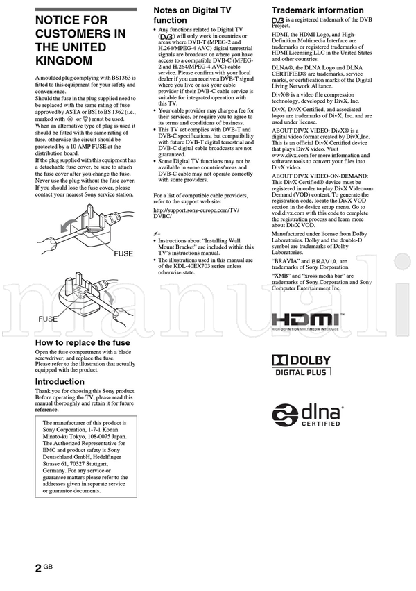 Sony KDL-60EX703 55EX713 52EX703 46EX713 46EX703 40EX713 40EX703 (20 pages) TV Operating Manual