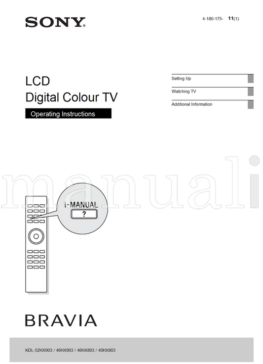 Sony KDL-52HX903 46HX903 46HX803 40HX803 4-180-175 (20 pages) TV Operating Manual