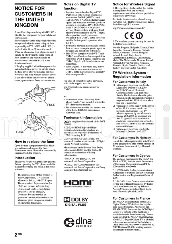 Sony KDL-52NX803 46NX703 40NX803 40NX703 (20 pages) TV Operating Manual