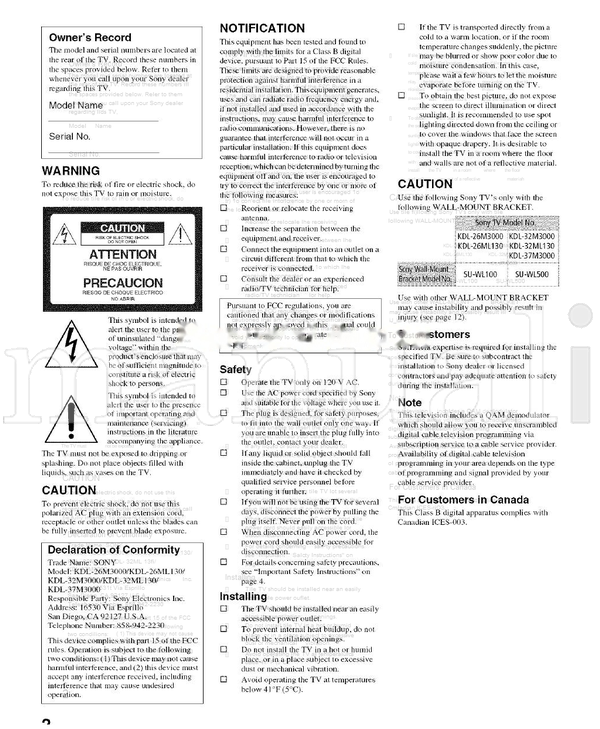Sony KDL-26M3000 KDL-26ML130 KDL-32M3000 KDL-32ML130 KDL-37M3000 (48 pages) TV Operating Manual