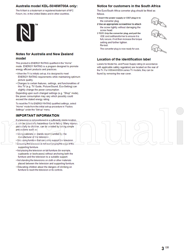Sony KDL-50W708A 50W704A 50W700A 46W708A 46W704A 46W700A (32 pages) TV Operating Manual