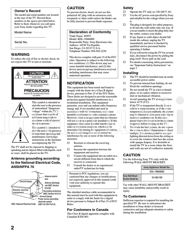 Sony KDL-19M4000 (44 pages) TV Operating Manual