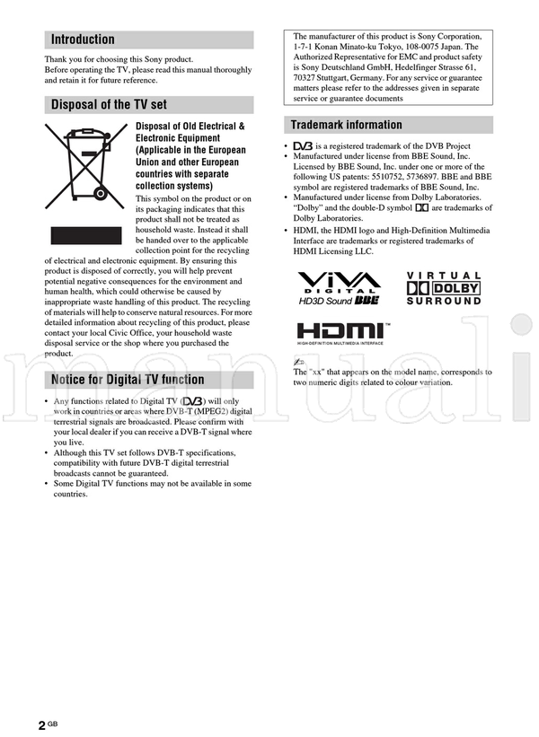 Sony KDL-20S30xx (66 pages) TV Operating Manual