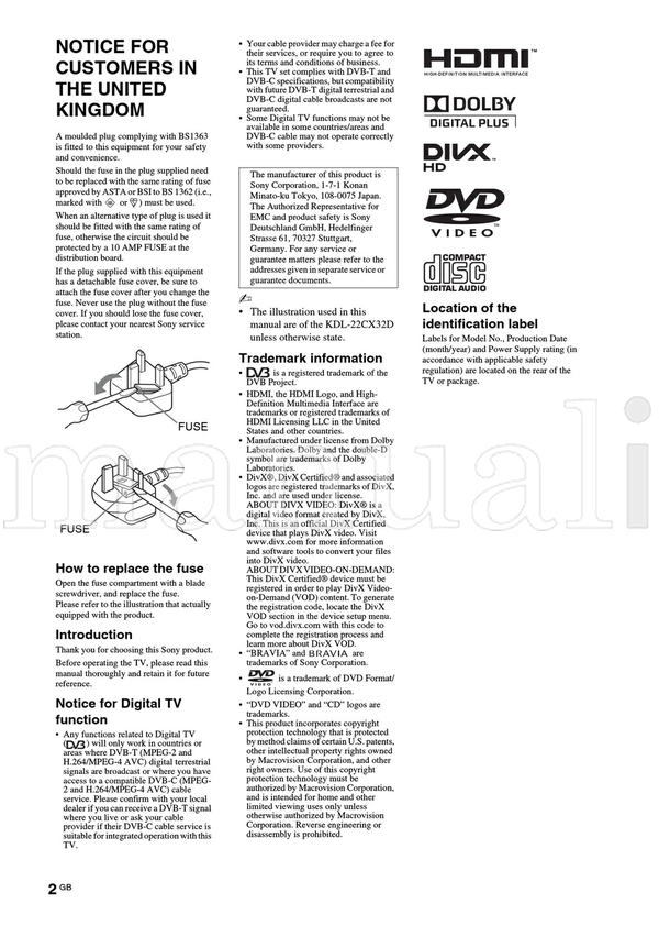 Sony 4-270-482 KDL-22CX32D (48 pages) TV Operating Manual