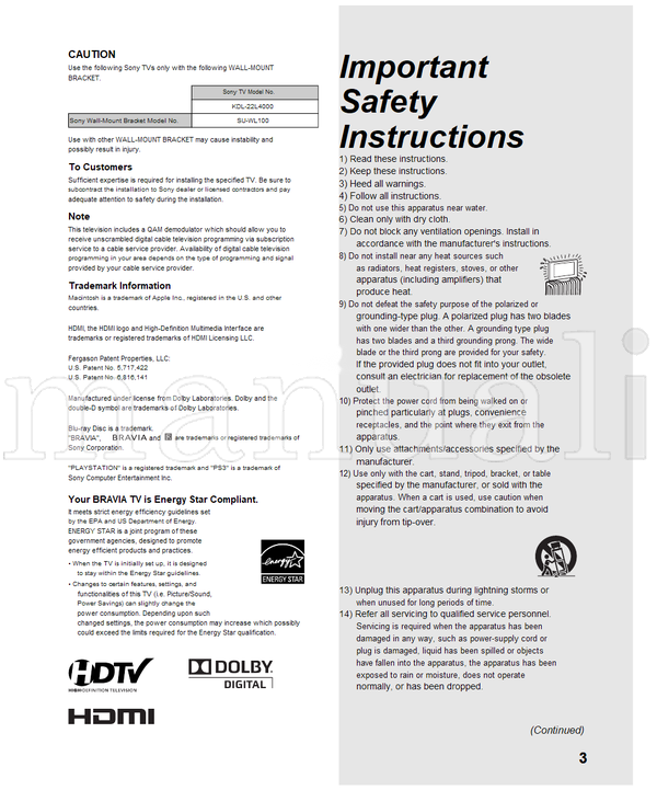 Sony KDL-22L4000 (44 pages) TV Operating Manual